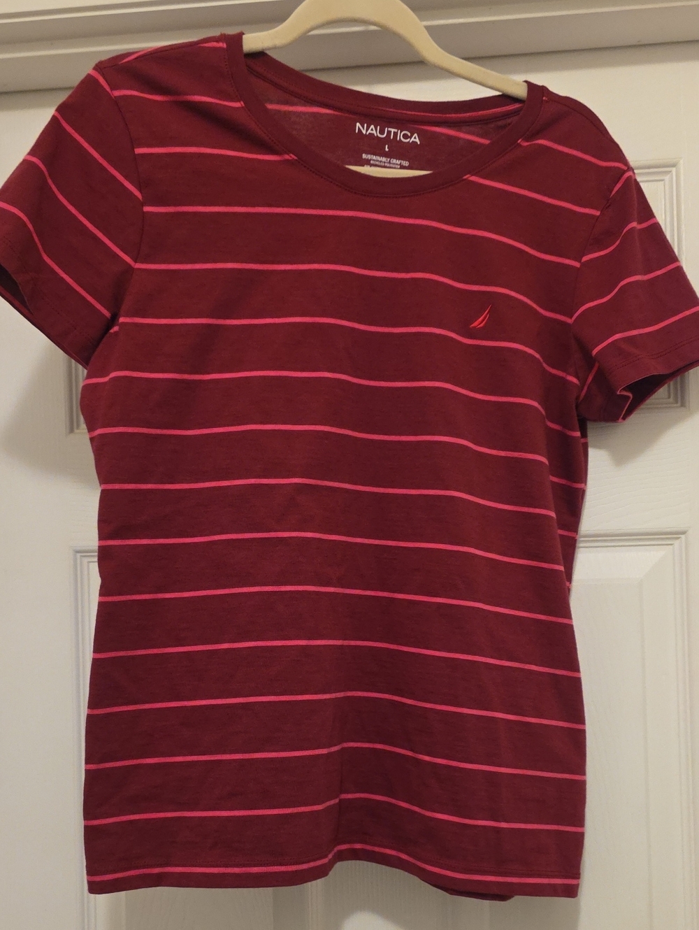 Nautica Women's Maroon with Pink Striped Crewneck Tee